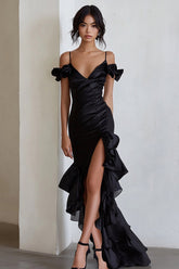 Schwarzes Schulterfreies Ballkleid mit Rüschen und Schlitz